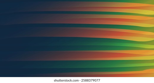 Thick horizontal flow of colorful curved 3d shapes. Vertical contrast of colored flow and dark solid space for your text. Multi purpose template, abstract background for websites, landing pages.