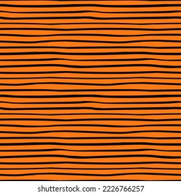 Thick horizontal lines, tiger stripes simple seamless geometric pattern, orange and black. Hand drawn vector illustration. Design concept for kids fashion print, textile, fabric, wallpaper, packaging.