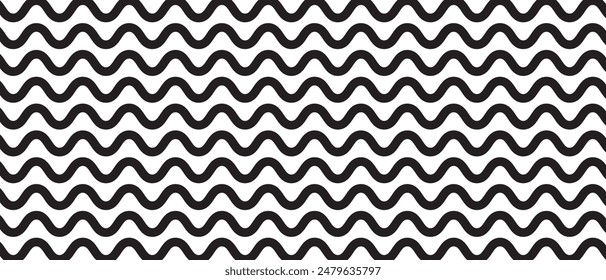 Thick horizontal wavy lines. Black parallel undulate stripes background. Wiggly, squiggly pattern. Water, river or lake, sea or ocean texture. Simple minimalistic print. Vector graphic illustration.