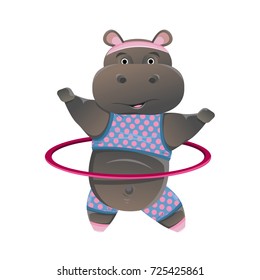 Thick hypopotamuses in a pink and blue suit in polka dots, socks and a bandage, twist the hoop around the waist. Sport and a healthy lifestyle. Stretching. Cheerful vector character with a smile