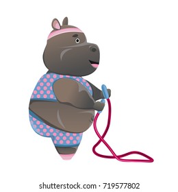 Thick hypopotamuses in a pink-blue suit in polka dots, socks and a bandage, jumps through a rosy skipping rope. Sport and a healthy lifestyle. Cheerful vector character with a smile