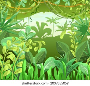 Thick impassable Jungle background. Plants rainforest. Beautiful green landscape with exotic trees and palms. Vector