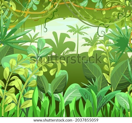Thick impassable Jungle background. Plants rainforest. Beautiful green landscape with exotic trees and palms. Vector