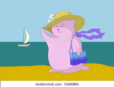 Thick lady wistfully looks afar, holding a hat with one hand, and a bag with another on the seashore