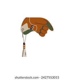 Thick leather glove on the left hand with tassel. Falconry professional accoutrement. Arabic style falcon training equipment. Arabian traditional sport, bird hunting vector illustration