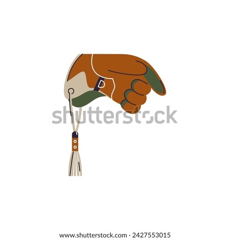 Thick leather glove on the left hand with tassel. Falconry professional accoutrement. Arabic style falcon training equipment. Arabian traditional sport, bird hunting vector illustration