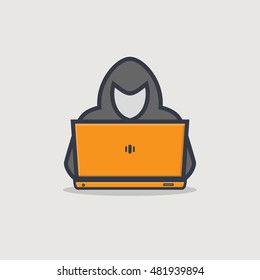 Thick line emblem of hacker person with golden laptop stealing personal information from internet.