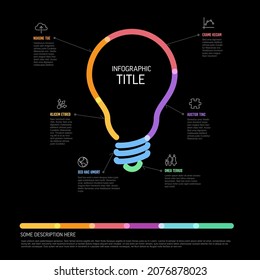 Thick line idea infographic template - dark bulb icon with some content, description and six elements with icons on black background