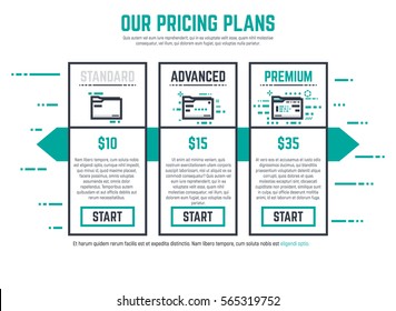 Thick line pixel graphic style pricing table for company with start button. Three different variations of folder or file with ranks and prices. Abstract lines and dots background.