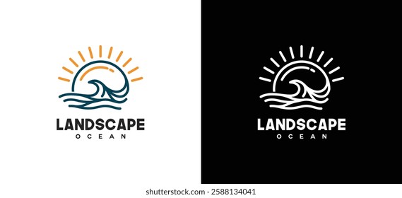 Thick line vector illustration of ocean nature and shining sun, ocean wave logo symbol