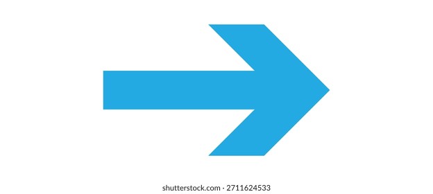Thick long blue arrow icon. Blue long vector line arrow pointing on right side. Vector blue arrow isolated on white back ground.
