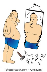 The Thick man beside broken mirrors.