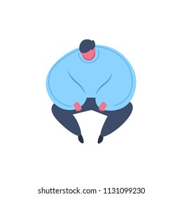 thick man character sitting pose isolated relax male cartoon full length flat vector illustration