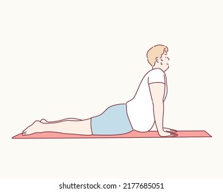 Thick man is exercising while meditating. He is lying on mat and stretching torso up. Hand drawn style vector design illustrations.