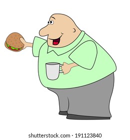 thick man with open sandwich and mug in hands, vector illustration