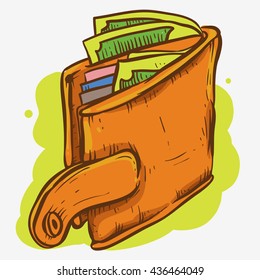thick man wallet or purse with full of money drawing doodle colored