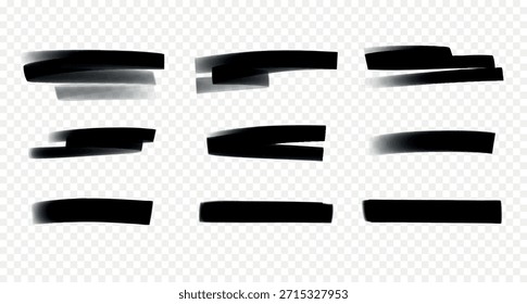 Dicke Markierungsstriche. Verschiedene schwarze, handgezeichnete Marker-Highlights und -Unterstreichungen