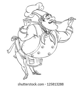  Un chef bigotudo y grueso está probando nuevos platos con un dibujo de cuchara