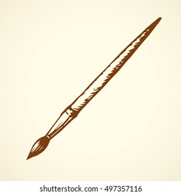 Thick old plastic acrylic brush isolated on white backdrop. Freehand outline ink hand drawn object sketchy in antique artsy scribble design style pen on paper. Closeup detail view with space for text