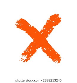 Thick orange doodle hand drawn cross, checkmark isolated on white background. Minimalistic vector element in bright colors.