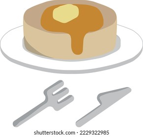 A thick pancake on a plate and a knife and fork