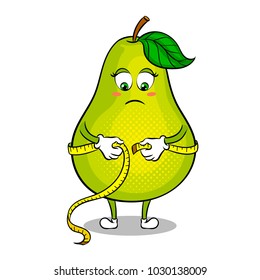 Thick pear measuring waist with tape pop art retro vector illustration. Cartoon food character. Isolated image on white background. Comic book style imitation.