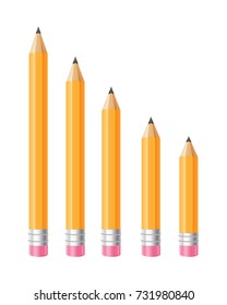 Thick pencil with eraser. Set of different size pencils. Vector illustration in realistic style.