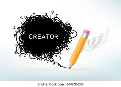 Thick pencil with white wing and black scribble text box. Creation and imagination concept. Vector illustration in realistic style.