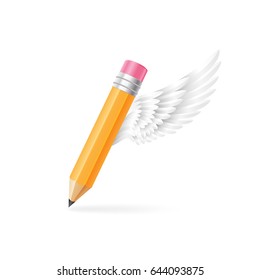 Thick pencil with white wing. Creation and imagination concept. Vector illustration in realistic style.