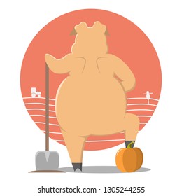 Thick pig. Pig in the garden. Cartoon pig. Pig with a shovel.