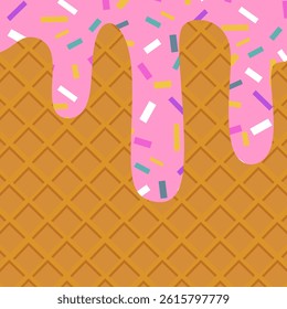 Thick pink cream slides over a waffle pattern. Waffle texture and melted icecream background. Vector template for typography poster, banner, flyer, label, cafe or restaurant menu