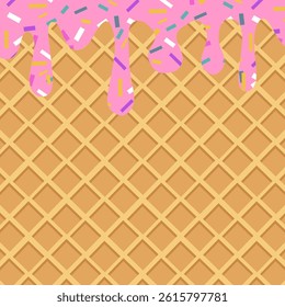 Thick pink cream slides over a waffle pattern. Waffle texture and melted icecream background. Vector template for typography poster, banner, flyer, label, cafe or restaurant menu
