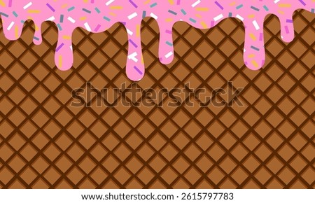 Thick pink cream slides over a waffle pattern. Waffle texture and melted icecream background. Vector template for typography poster, banner, flyer, label, cafe or restaurant menu
