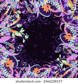 Thick plant frame background with an empty space in the center. Vector illustration circular covered with plants in pastel colors for banner