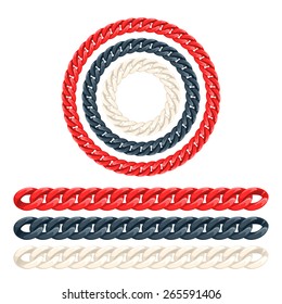 Thick plastic chunky chains brushes set. Colorful seamless borders.