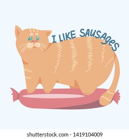Thick red cat holding a sausage. Cats like meat. Funny pet. Vector illustration.