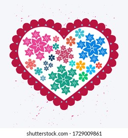 Ilustración en forma de corazón de borde de ranura roja gruesa. Vector De Amor Floral Con Flores Multicolor Aisladas. Gráficos De San Valentín Sobre El Fondo Texturado En Blanco Para Imprimir En Tarjetas De Invitación De Saludo De Sangre.