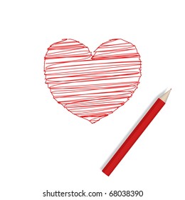 Thick red pencil lies on a sheet of paper. Next picture of the heart