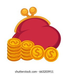 Thick red purse and gold coins isolated illustration