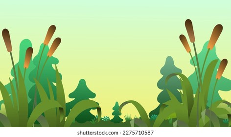 Thick reeds. Grass densely green. Clear bright sky. Summer coastal landscape. Bank of river or lake. Cartoon fun style. Flat design. Vector