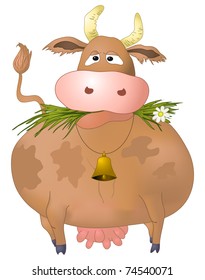 Thick silly cow eats a green grass, isolated vector