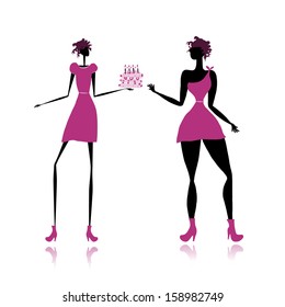 Thick and slim lady with cake for your design