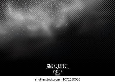 Thick smoke on a transparent dark background. Light mist. Smoke from the fire. White dust. Thick cloud. Steam on top. Smoke effect for your design. Vector illustration. EPS 10