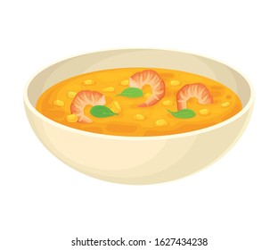 Thick Soup with Shrimps and Corn Served in Deep Bowl Vector Illustration