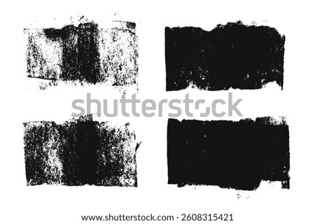 Thick streaks text box tag. Grunge brush paint stokes. Brayer ink black wide lines. Smudged paint rolled stripe stamps set. Chalk dust underlines Vector smear labels banners on white background.