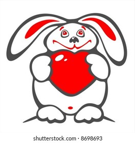 Thick  stylized  happy rabbit with heart on a white background. Valentines illustration.