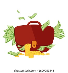 Thick swollen huge brown portfolio of money. Wealth, fraud with money. Banker and businessman, financial success. Flat vector cartoon illustration on white background.