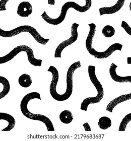 Thick textural curved lines and circles vector seamless pattern. Hand drawn bold dry brush strokes. Organic grunge squiggle smears and round shapes. Organic rounded maze lines ornament.