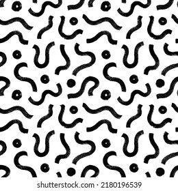 Thick textural curved lines and circles vector seamless pattern. Hand drawn bold dry brush strokes. Organic grunge squiggle smears and round shapes. Organic rounded maze lines ornament.