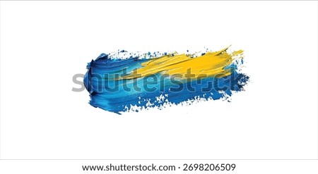 Thick textured brush stroke of vibrant blue and bright yellow oil paint on white background abstract